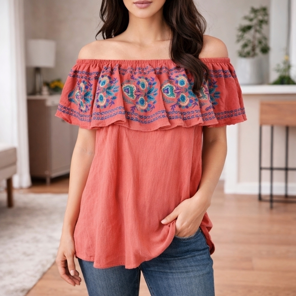 Soft Surroundings embroidered off shoulder top